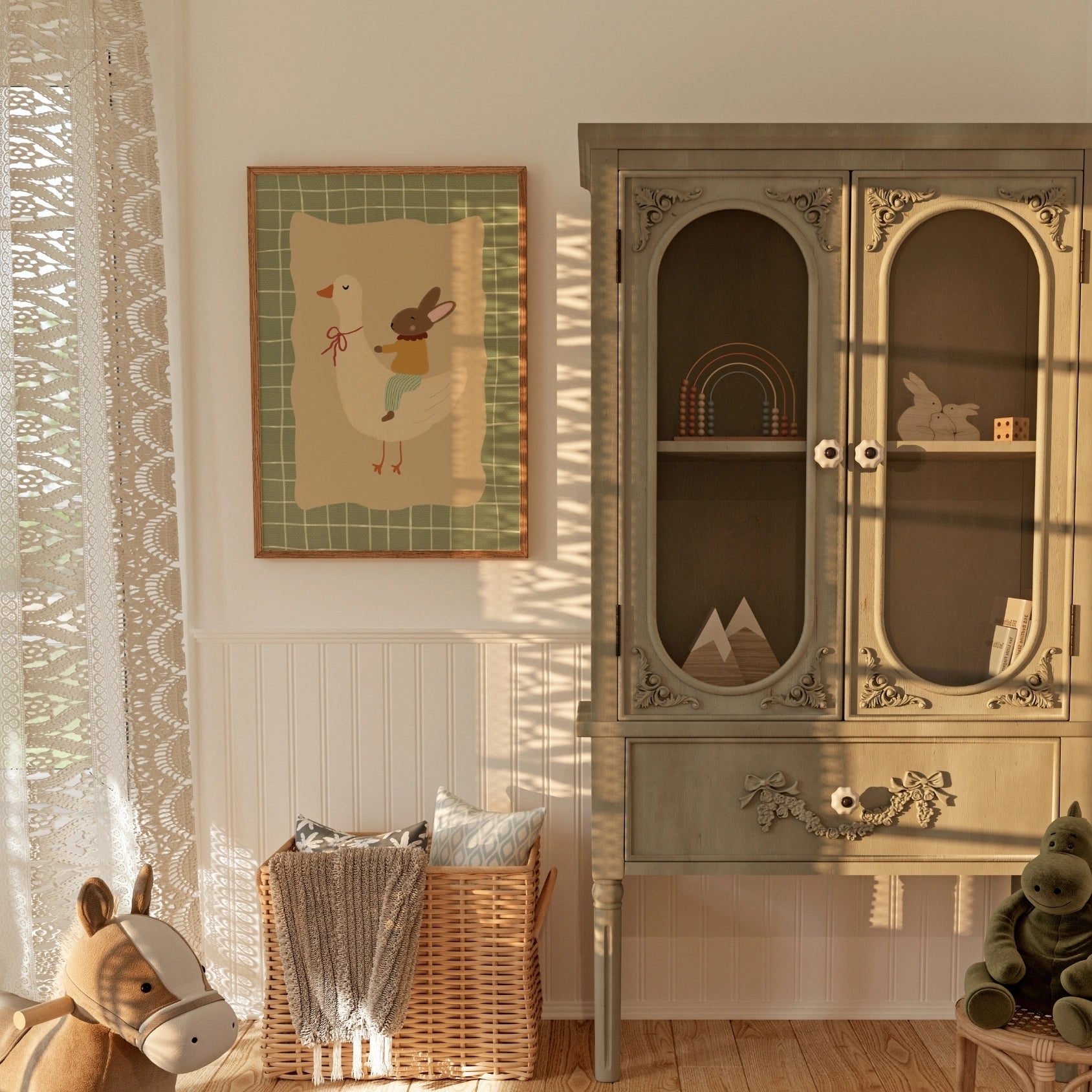 Stampa per cameretta dei bambini con oca e coniglio