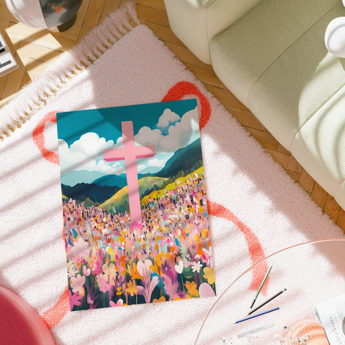 Croce rosa – Arte murale con paesaggio cristiano