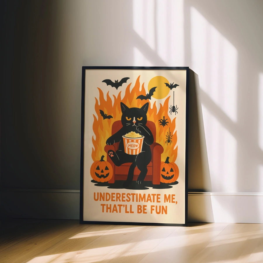 Stampa di Halloween con gatto nero impertinente – Divertente e spettrale arte murale