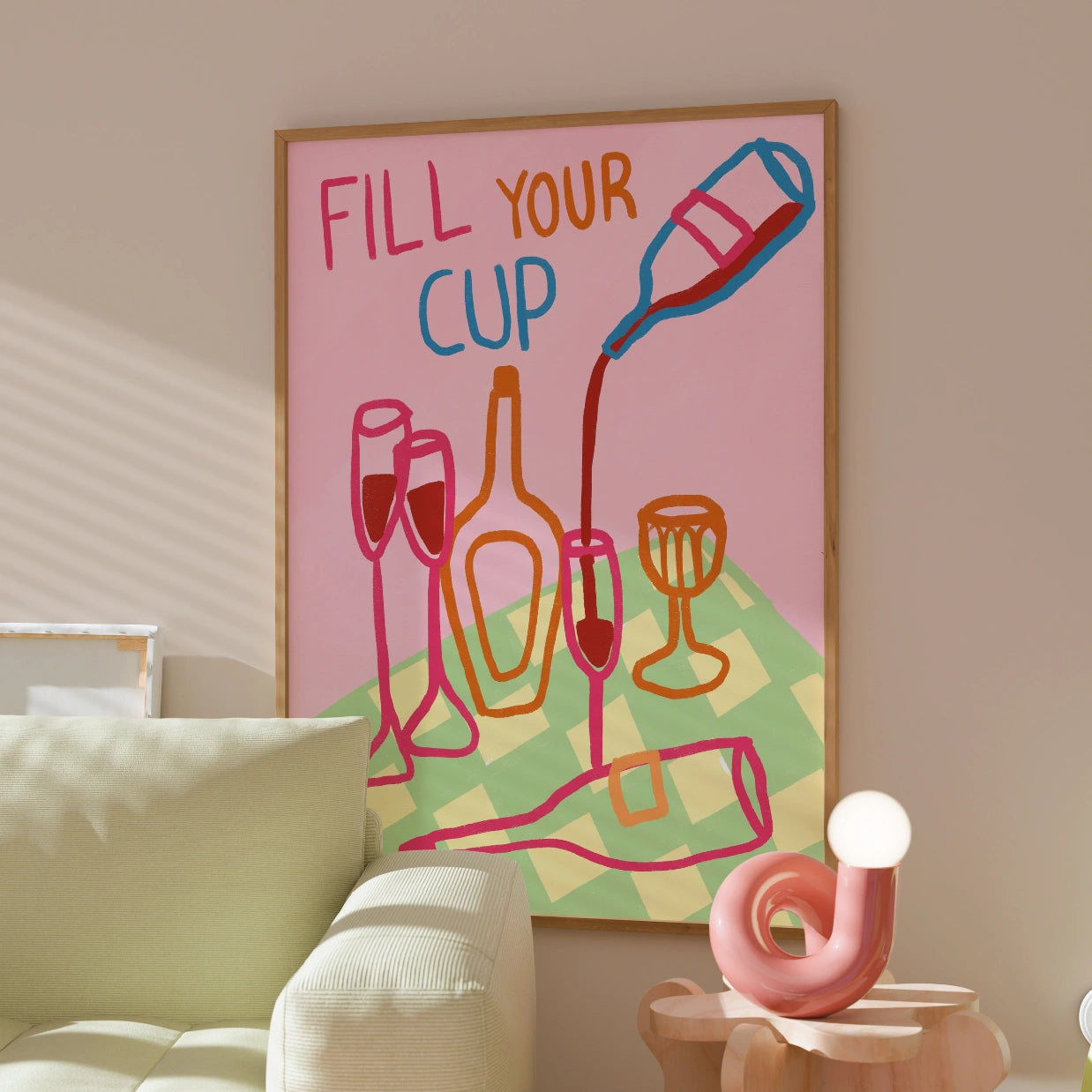Stampa "Fill Your Cup" - Arte murale colorata per wine bar