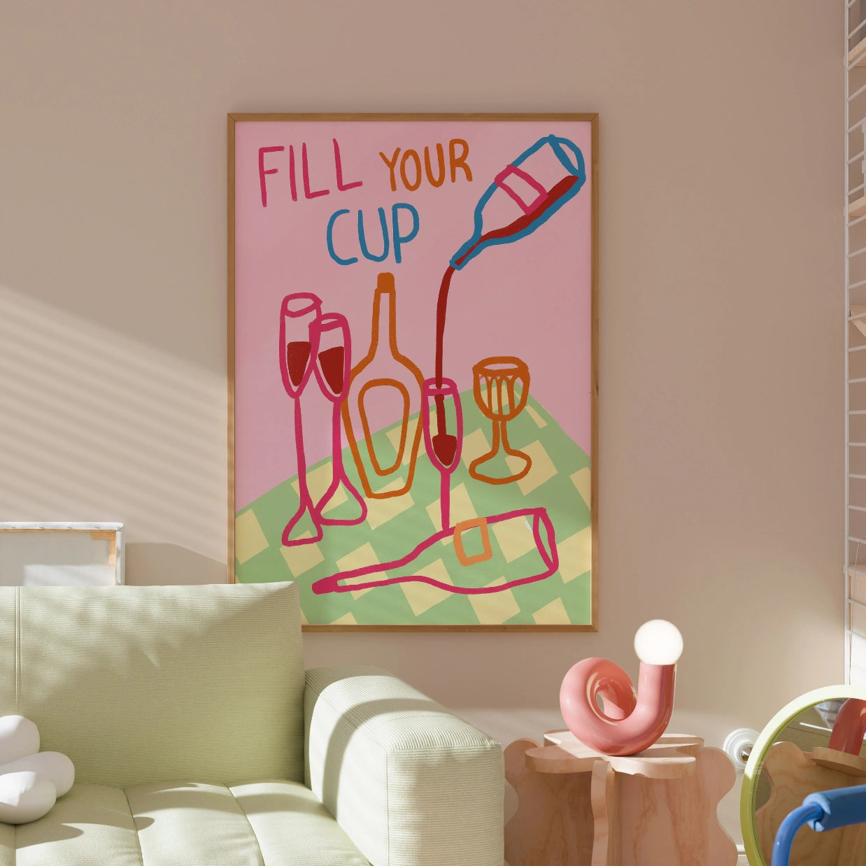 Stampa "Fill Your Cup" - Arte murale colorata per wine bar