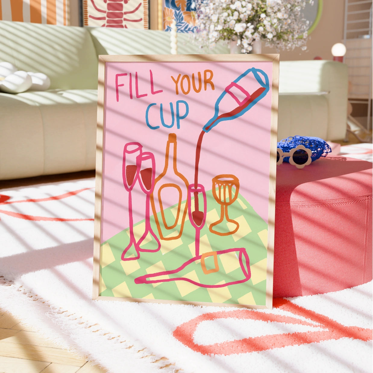 Stampa "Fill Your Cup" - Arte murale colorata per wine bar