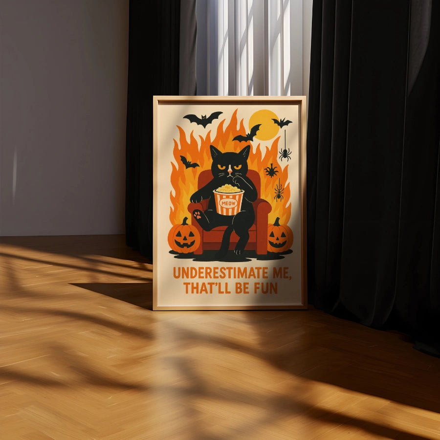 Stampa di Halloween con gatto nero impertinente – Divertente e spettrale arte murale