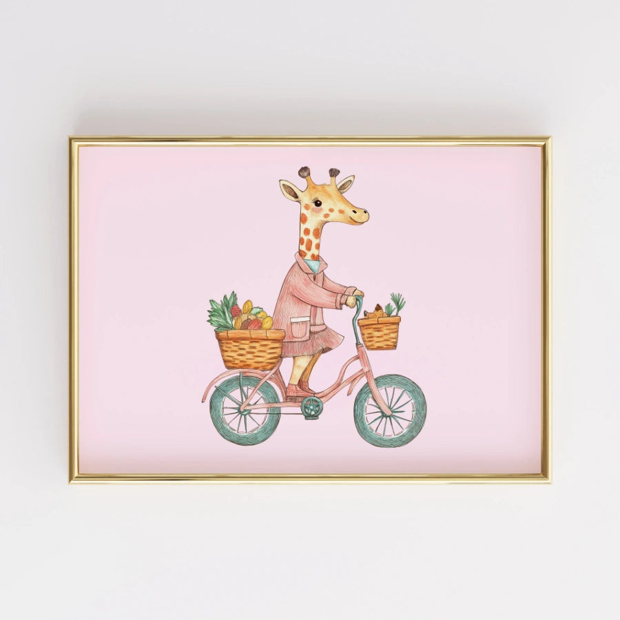 Stampa per cameretta con giraffa in bicicletta: simpatica decorazione murale per bambine