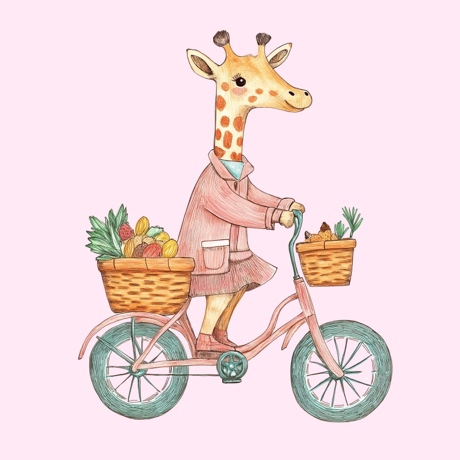 Stampa per cameretta con giraffa in bicicletta: simpatica decorazione murale per bambine
