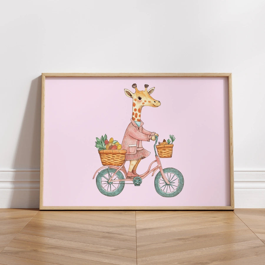 Stampa per cameretta con giraffa in bicicletta: simpatica decorazione murale per bambine