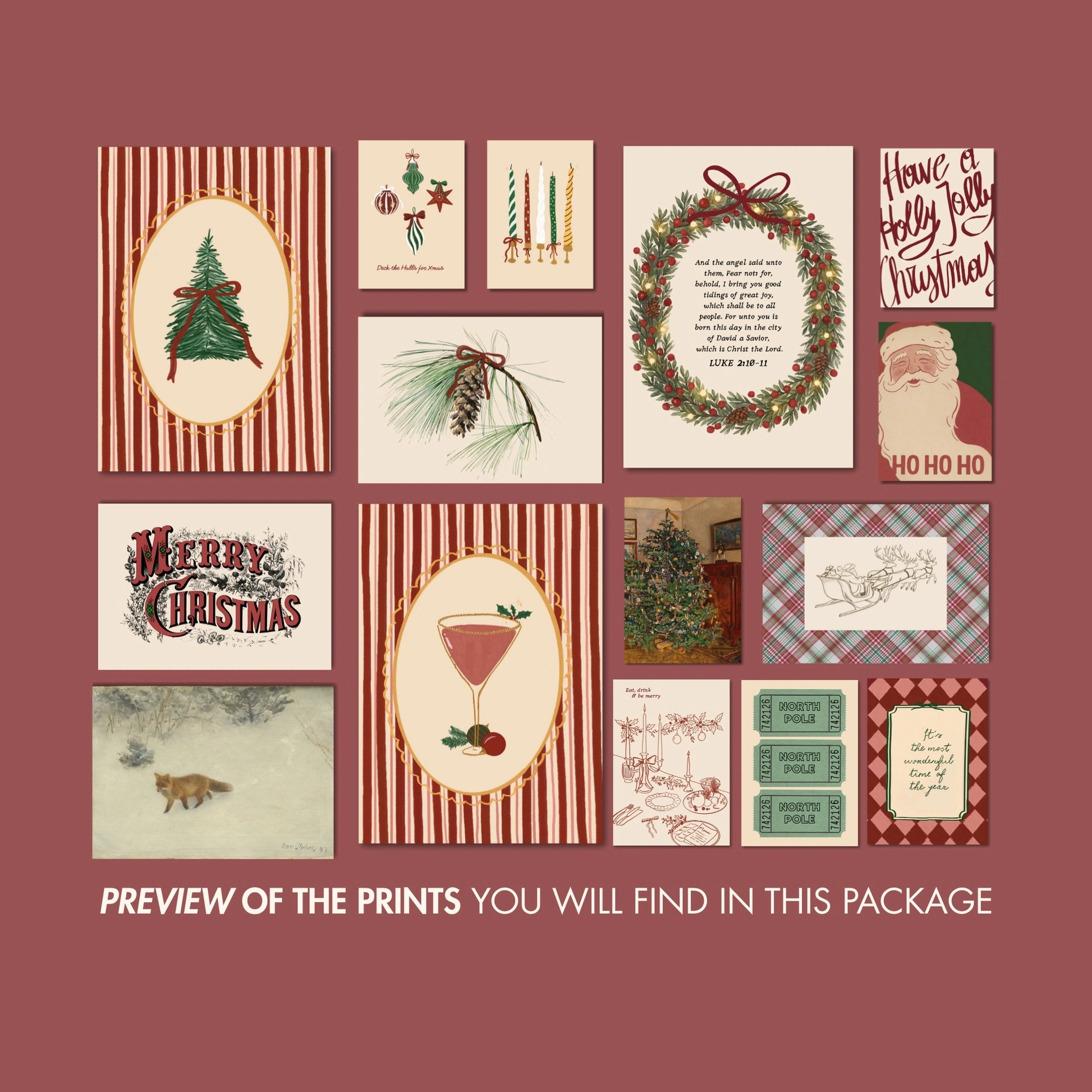 Set di 16 stampe vintage disegnate a mano per le vacanze