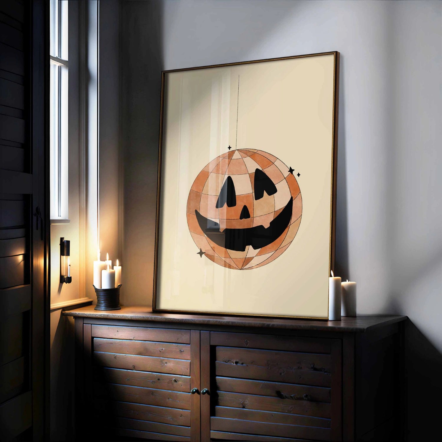 Stampa di palla da discoteca Jack-O'-Lantern – Arte murale di Halloween