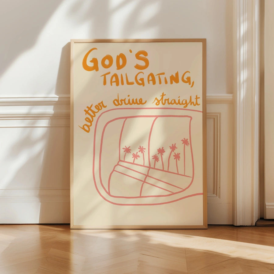 Arte murale cristiana "God's Tailgating" - Divertente stampa sullo specchietto retrovisore