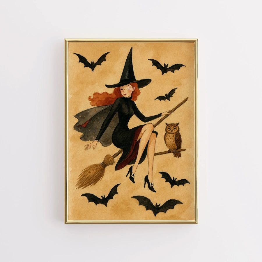 Elegante stampa di Halloween con strega - Arte murale vintage con strega volante