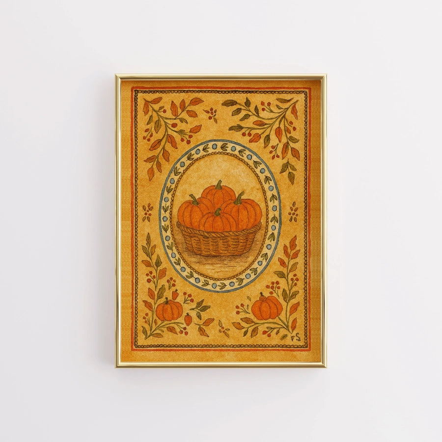 Decorazione murale con cesto di zucca - Stampa rustica autunnale popolare