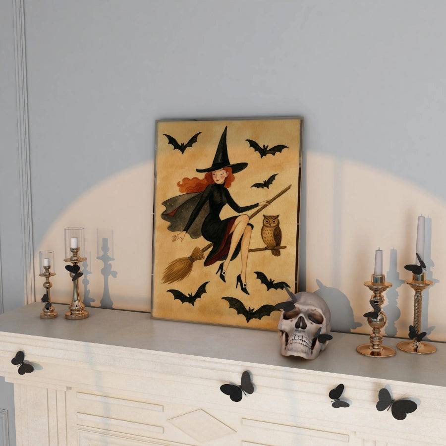 Elegante stampa di Halloween con strega - Arte murale vintage con strega volante