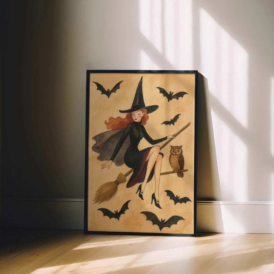 Elegante stampa di Halloween con strega - Arte murale vintage con strega volante