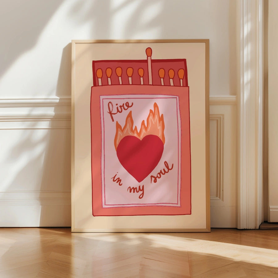 Arte murale cristiana "Fuoco nella mia anima" - Stampa audace della fede in una scatola di fiammiferi