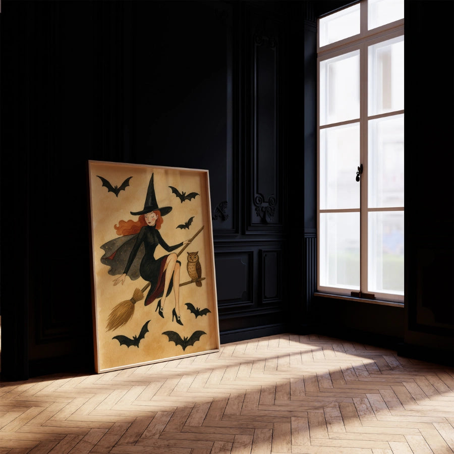 Elegante stampa di Halloween con strega - Arte murale vintage con strega volante