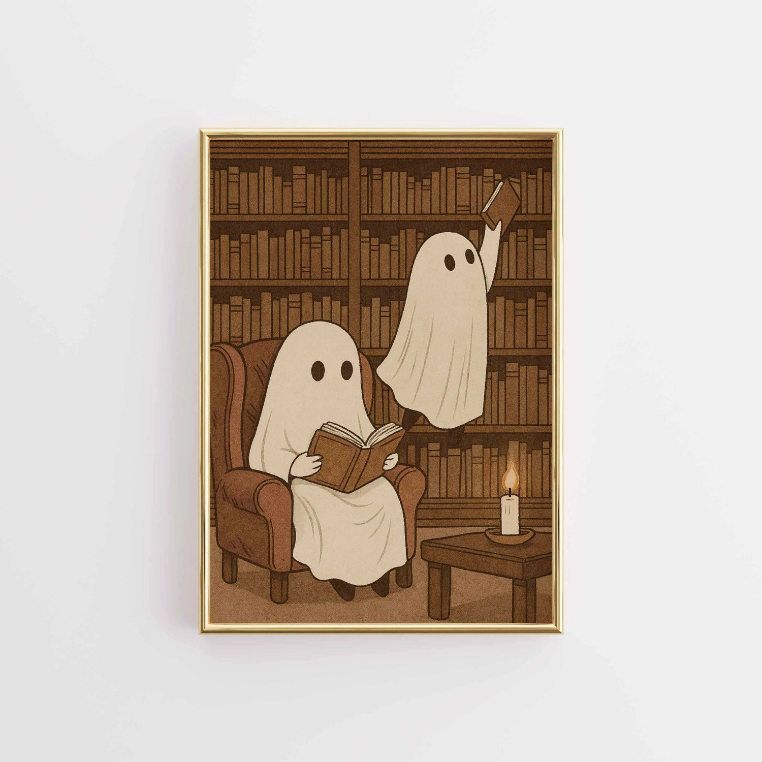 Arte murale della biblioteca fantasma: stampa accogliente e libresca di Halloween