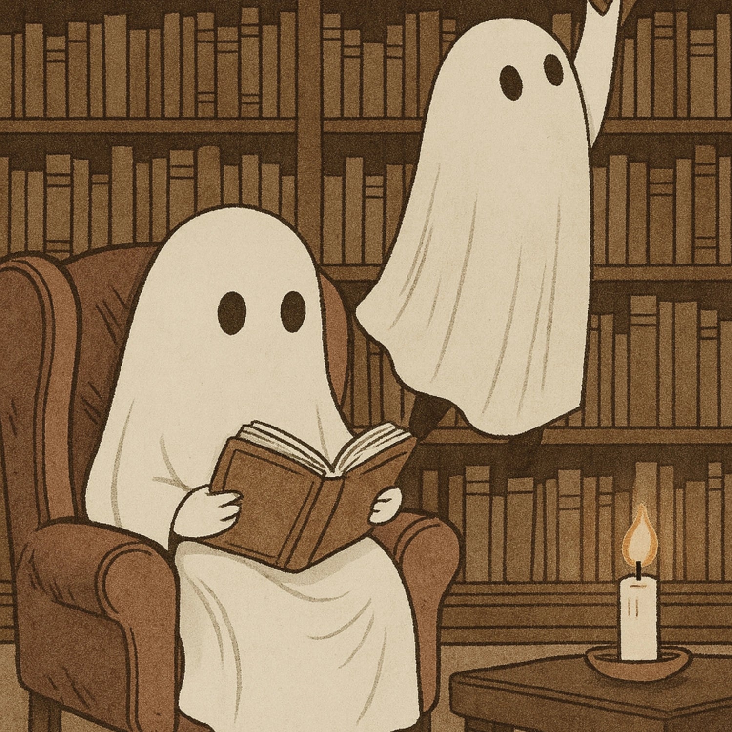Arte murale della biblioteca fantasma: stampa accogliente e libresca di Halloween