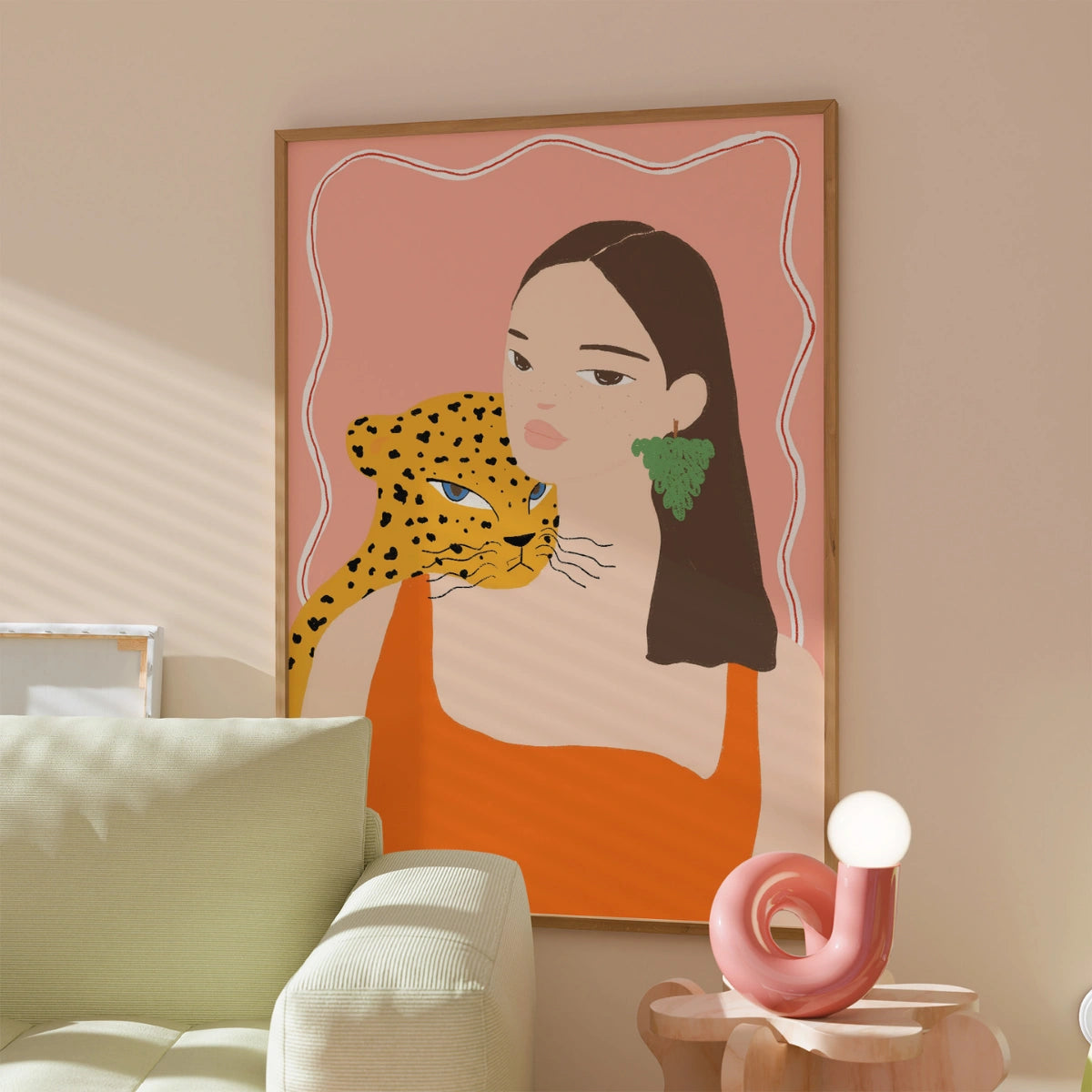 Arte murale con donna e leopardo - Stampa estiva audace