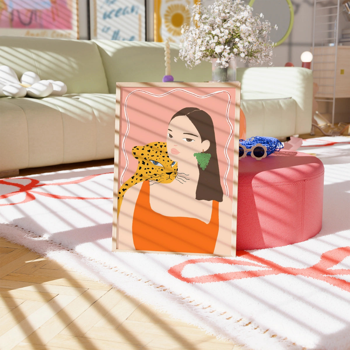 Arte murale con donna e leopardo - Stampa estiva audace