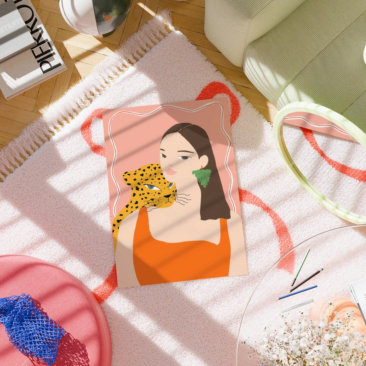 Arte murale con donna e leopardo - Stampa estiva audace