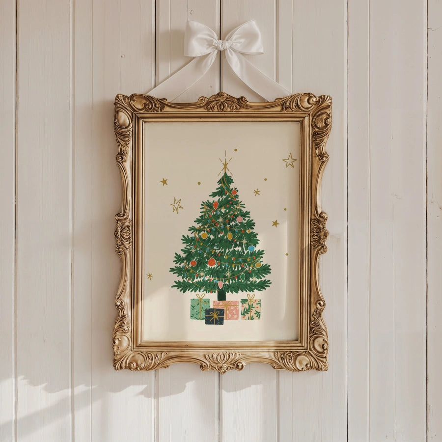 Decorazione murale con albero di Natale: pino natalizio disegnato a mano con regali