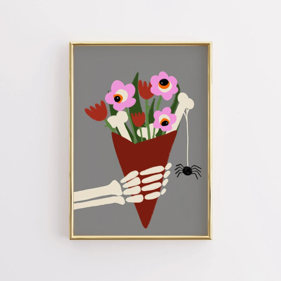Stampa di Halloween con bouquet di scheletri – Arte murale floreale spettrale