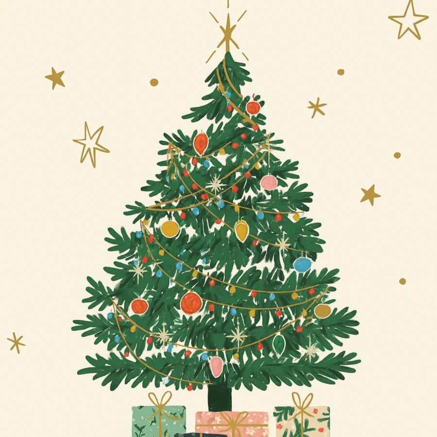 Decorazione murale con albero di Natale: pino natalizio disegnato a mano con regali