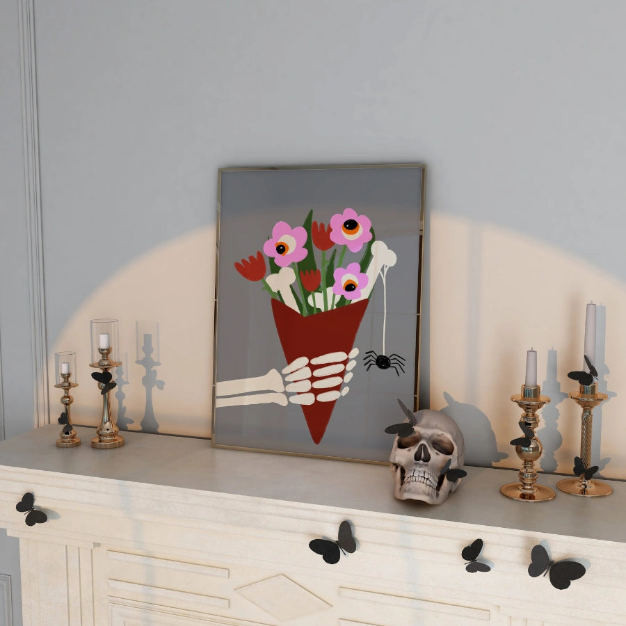 Stampa di Halloween con bouquet di scheletri – Arte murale floreale spettrale