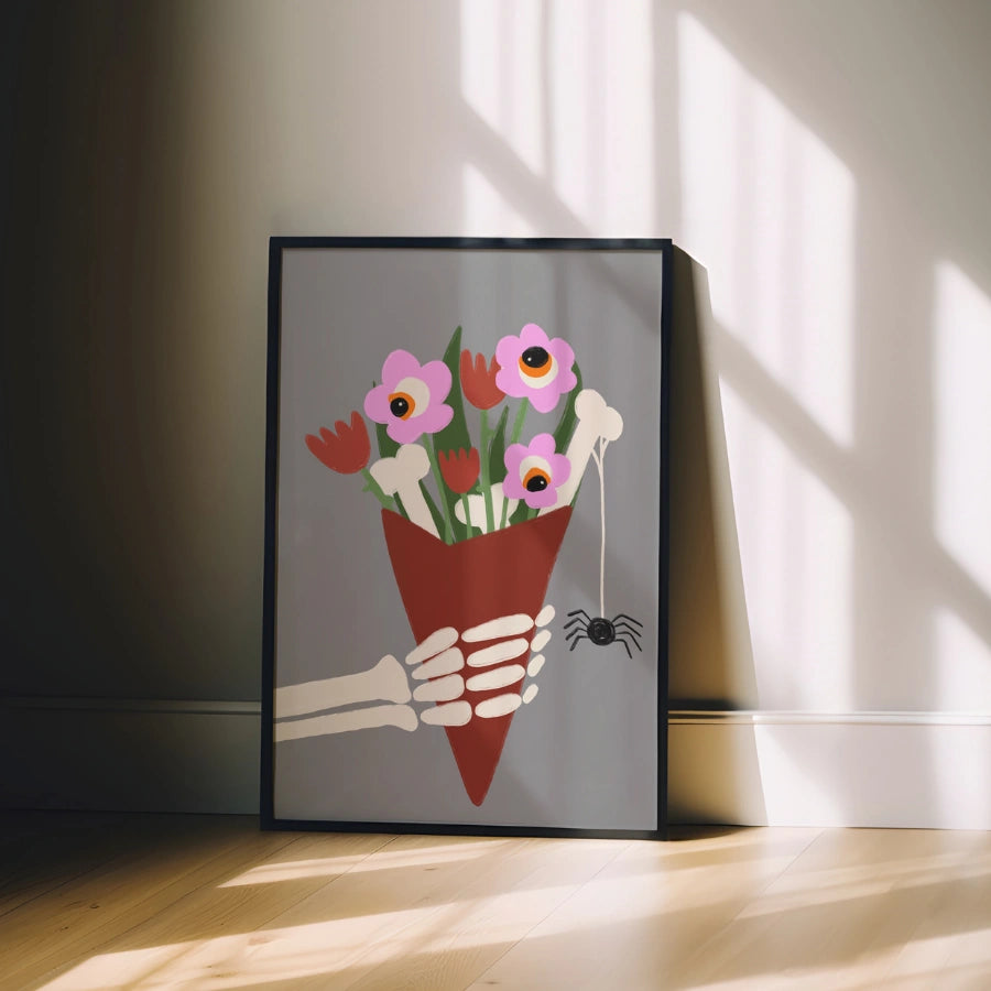 Stampa di Halloween con bouquet di scheletri – Arte murale floreale spettrale