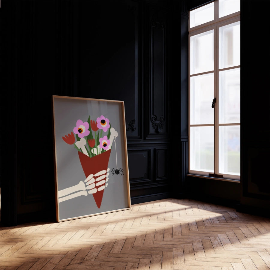 Stampa di Halloween con bouquet di scheletri – Arte murale floreale spettrale