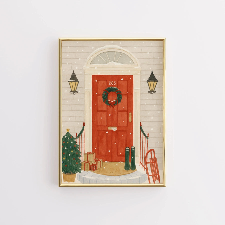 Decorazione murale natalizia Red Door – Stampa disegnata a mano per veranda natalizia