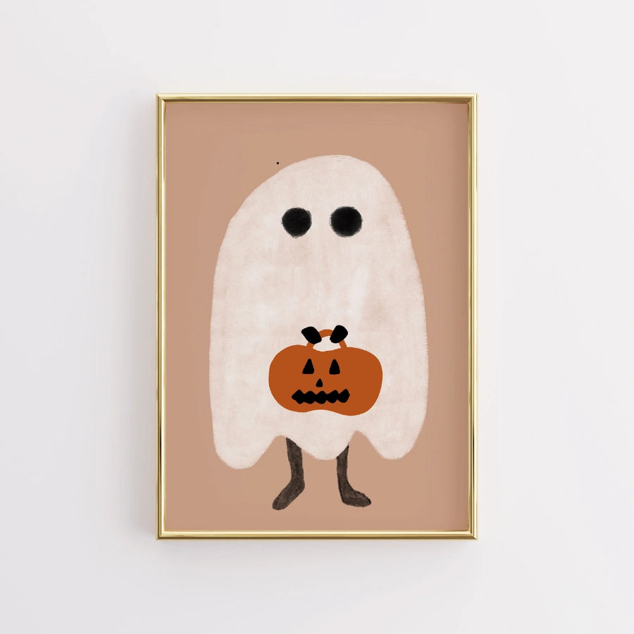 Stampa minimalista di Halloween con fantasma – Simpatica decorazione murale con zucca e dolcetto o scherzetto