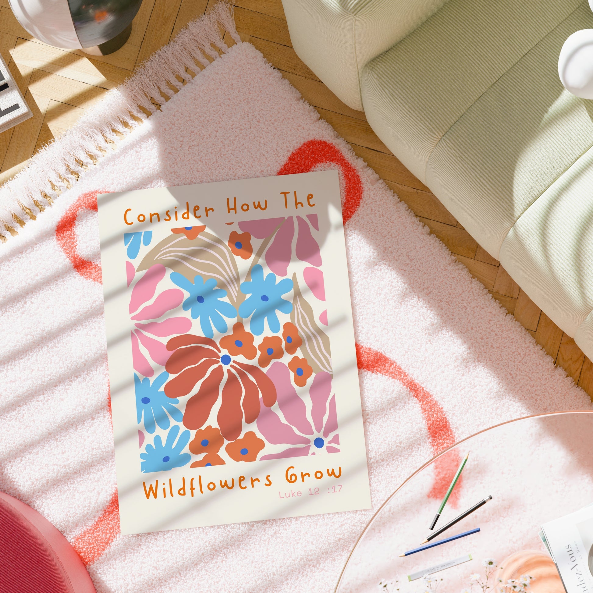 Versetto biblico con fiori selvatici in crescita – Stampa murale con scritture floreali