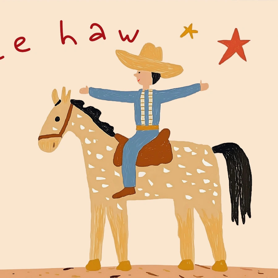 Stampa per cameretta dei bambini con tema cowboy: simpatica decorazione murale western per ragazzi