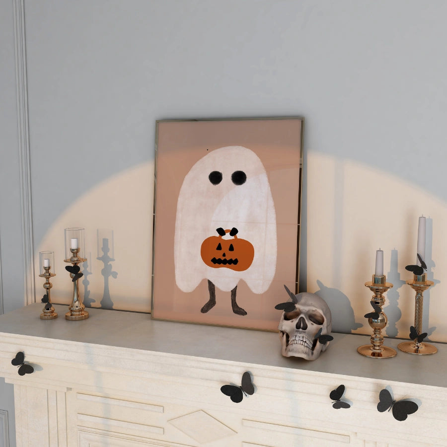Stampa minimalista di Halloween con fantasma – Simpatica decorazione murale con zucca e dolcetto o scherzetto