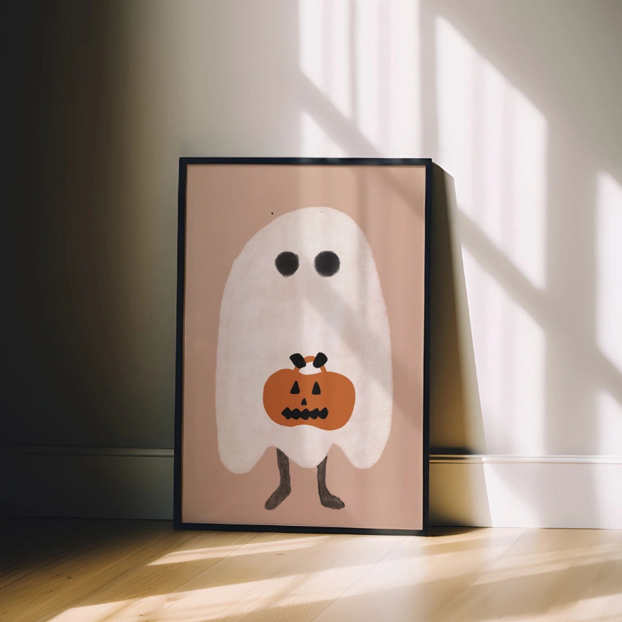 Stampa minimalista di Halloween con fantasma – Simpatica decorazione murale con zucca e dolcetto o scherzetto