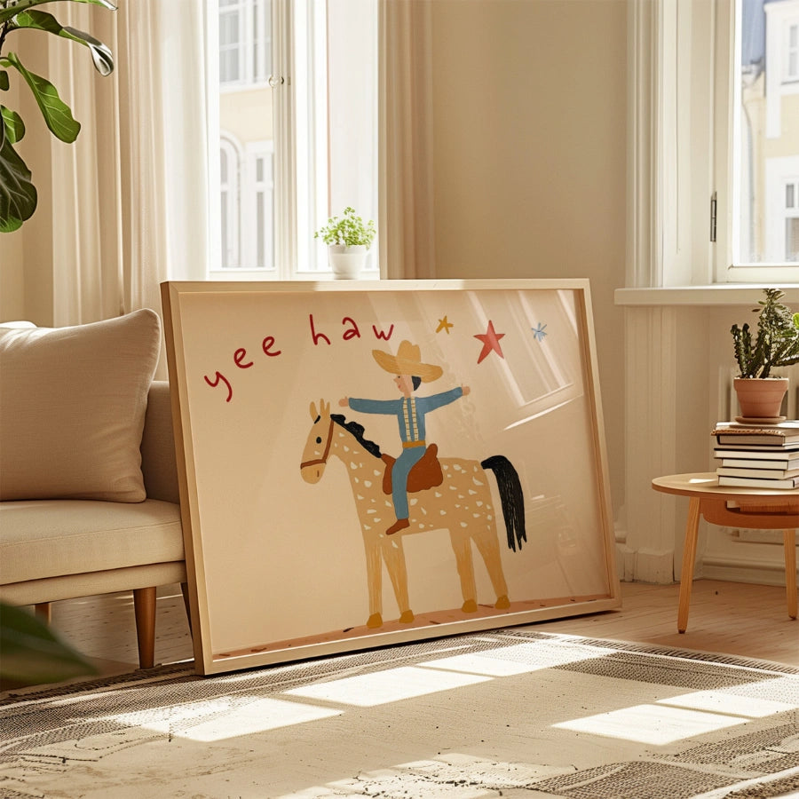 Stampa per cameretta dei bambini con tema cowboy: simpatica decorazione murale western per ragazzi