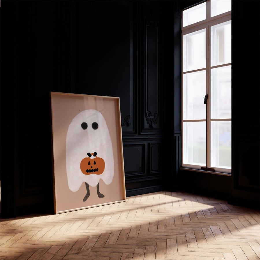 Stampa minimalista di Halloween con fantasma – Simpatica decorazione murale con zucca e dolcetto o scherzetto