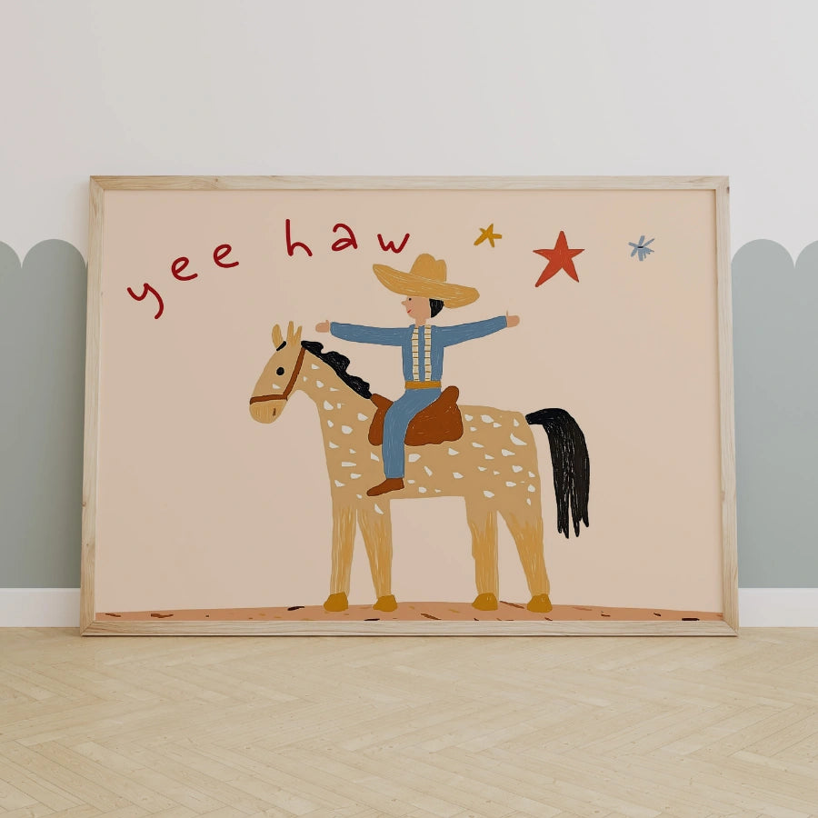 Stampa per cameretta dei bambini con tema cowboy: simpatica decorazione murale western per ragazzi