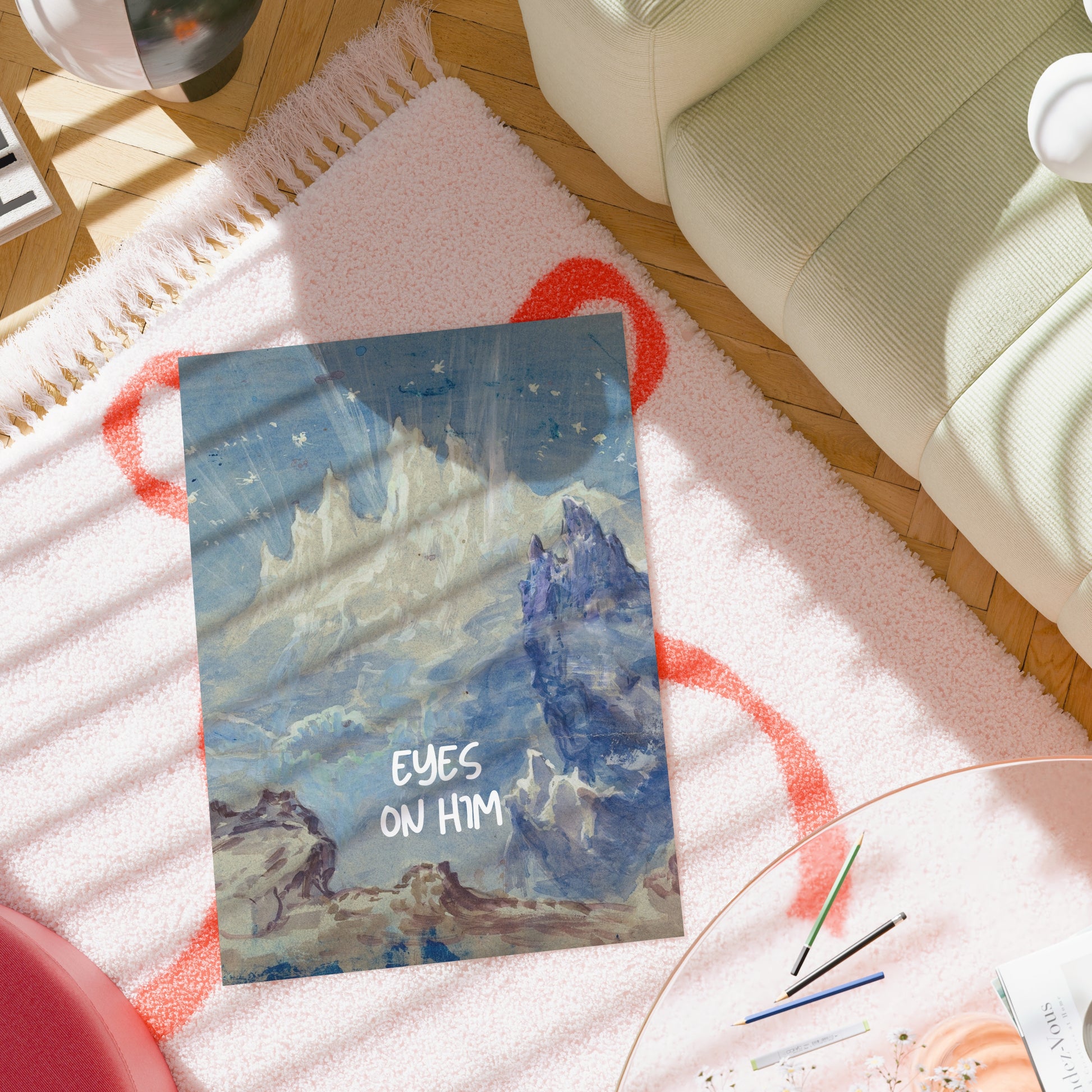 Occhi su di lui, arte murale cristiana – Stampa del paesaggio montano della fede