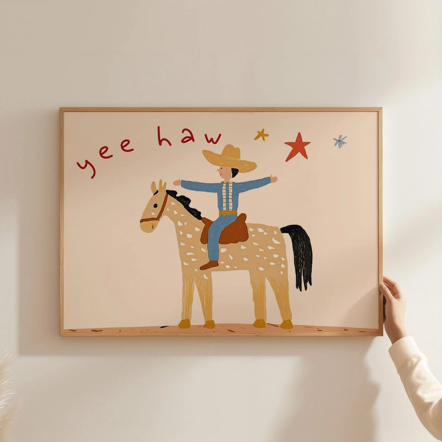 Stampa per cameretta dei bambini con tema cowboy: simpatica decorazione murale western per ragazzi