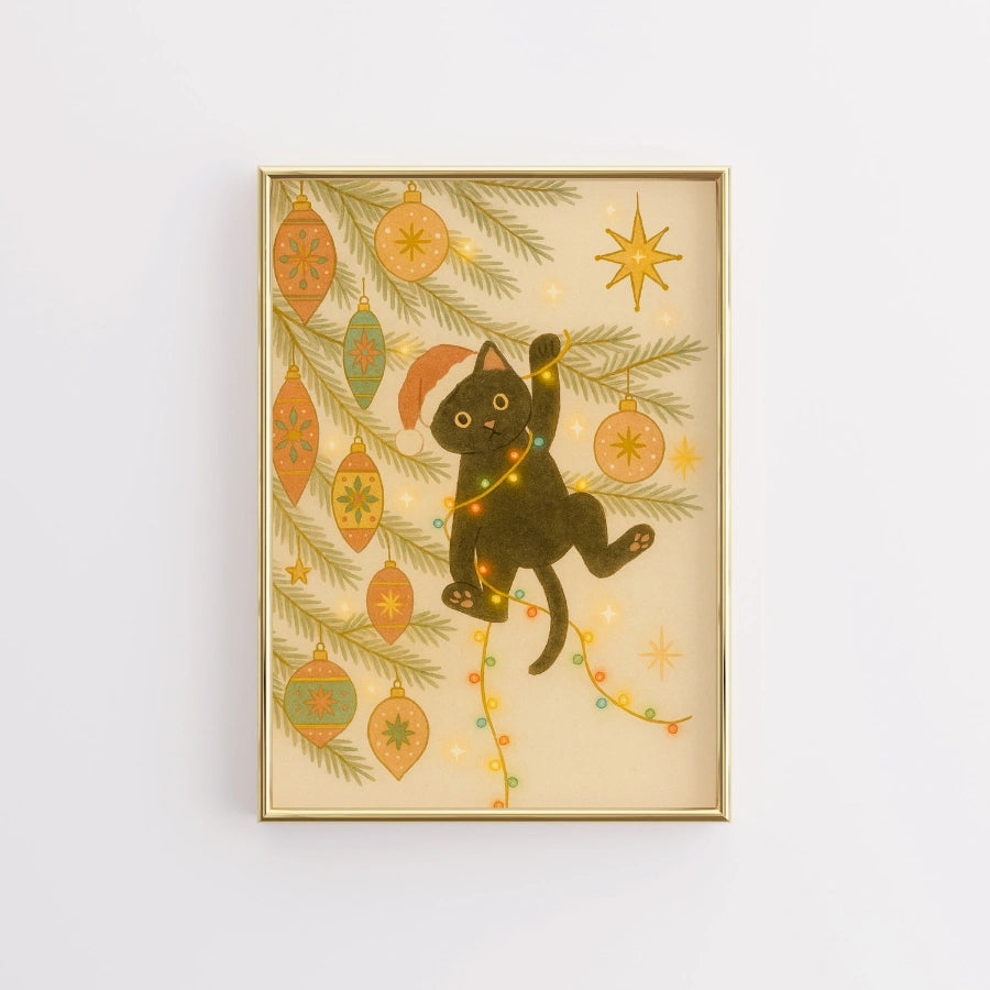Decorazione murale natalizia con gatto: stampa divertente di un gatto nero su un albero