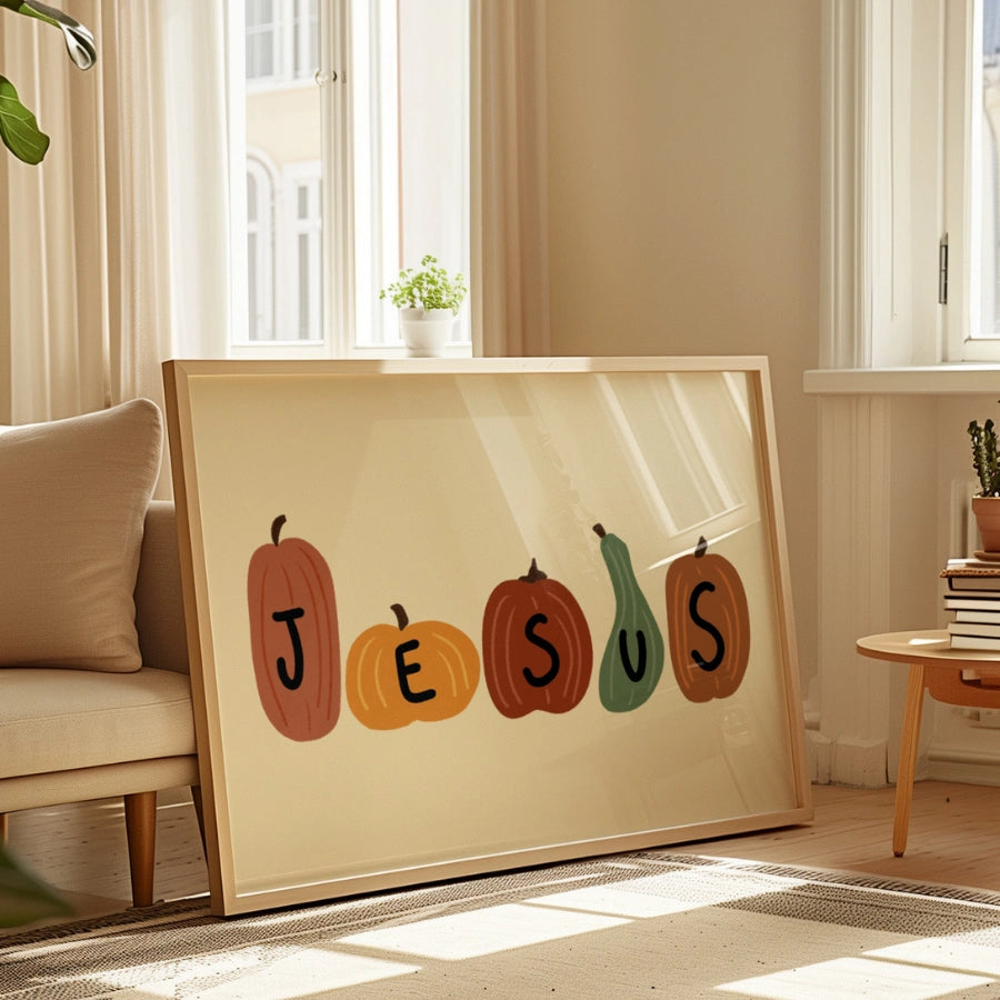 Decorazione murale con zucca di Gesù - Opera d'arte stagionale ispirata alla fede