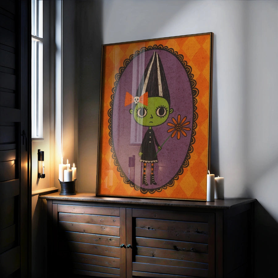 Stampa retrò di ragazza di Halloween – Graziosa decorazione murale di Frankenstein