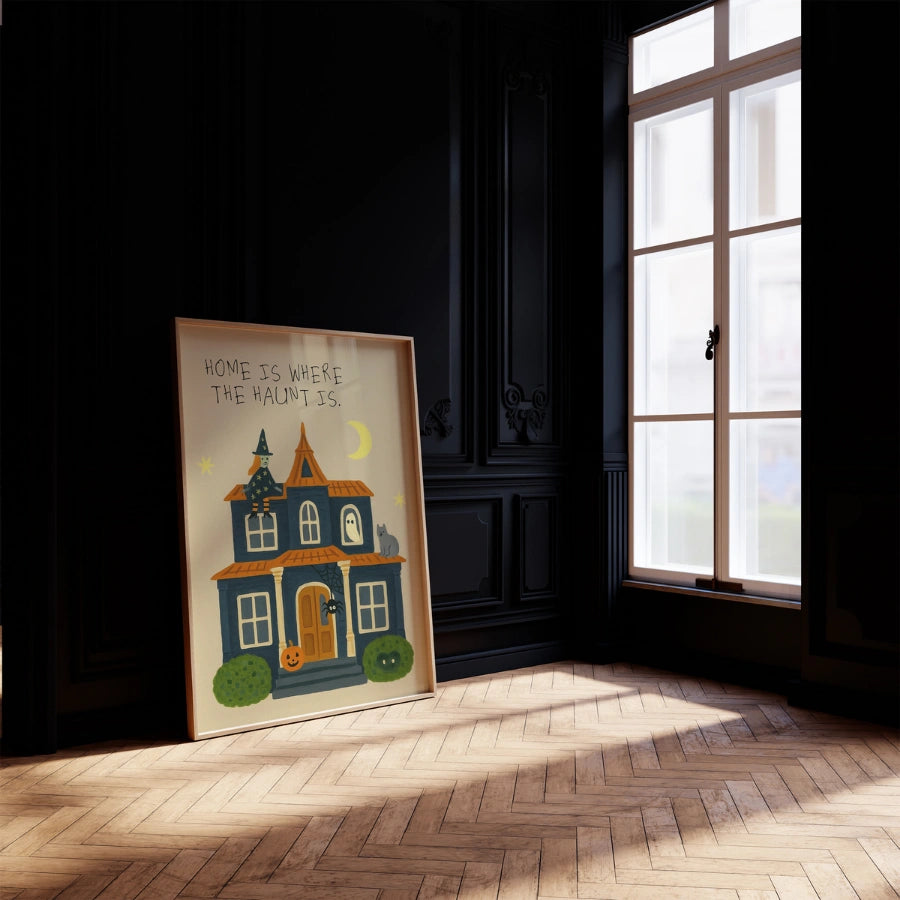 Stampa di Halloween con casa stregata – Simpatica decorazione murale con strega