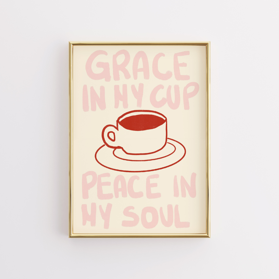 Grace in My Cup - Arte murale cristiana - Stampa minimalista di fede al caffè